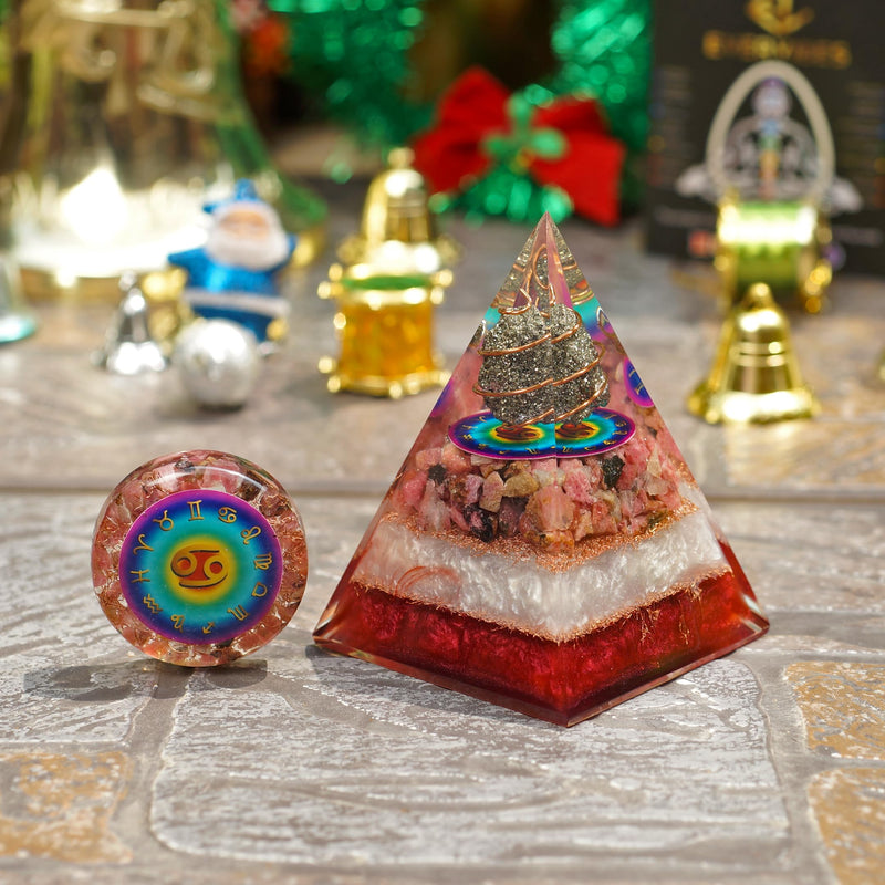Cancer Zodiac Crystal Pyramid & Palm Stone Set, Natural Pyrite & African Rhodonite Gemstones for Reiki, Yoga, Meditation, Spiritual Practices, Mindfulness, Chakra Decor, Astrology Gift for Men & Women Cancer