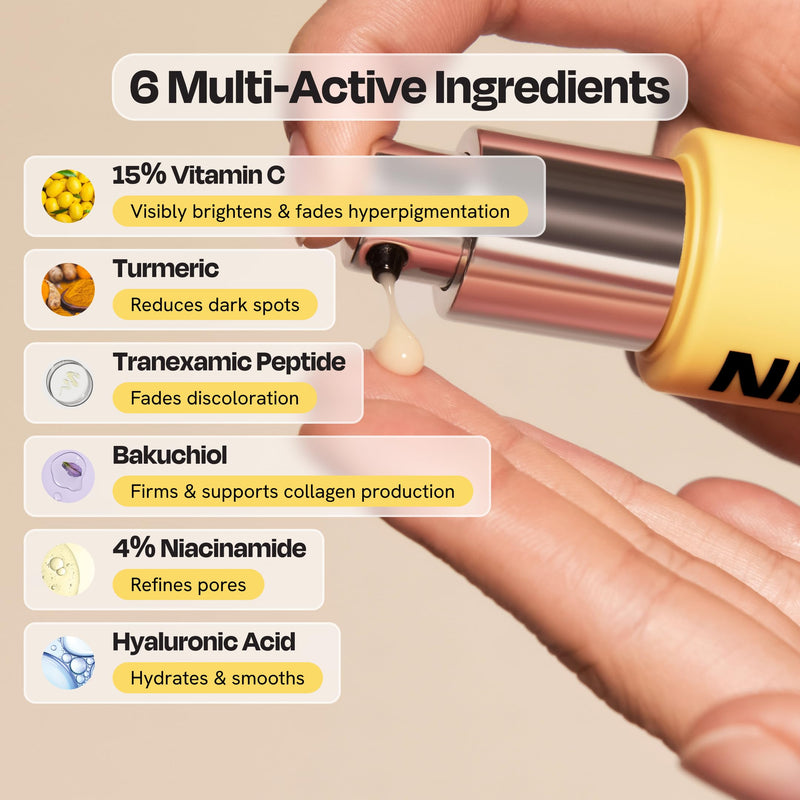 Gleamin Superactive Vitamin C Serum for Face, 1 fl oz, 15% Vitamin C | with Niacinamide, Bakuchiol & Hyaluronic Acid - Brightening Facial Treatment for Uneven Tone, Dark Spots & Radiant Glow