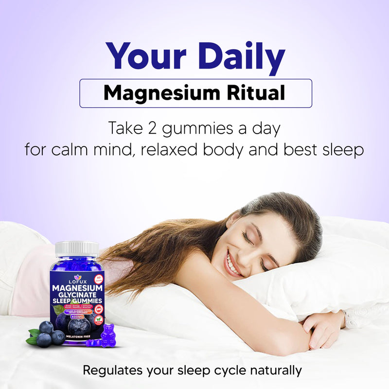 Lofux Magnesium Glycinate Gummies 400mg, Sugar Free Magnesium Gummies for Adults Women, Men, Chewable Supplement Gummy with L-Threonate, Vitamin D, B6, CoQ10 - for Calm, Sleep, Body Relaxation, 60 Ct Blueberry 1 Count (Pack of 60)