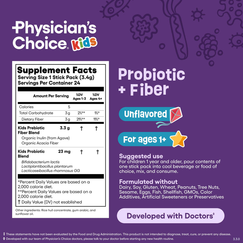 Physician's Choice Kids Probiotic + Prebiotic Fiber Packets (Ages 1+) - Supports Regularity, Occasional Constipation & A Healthy Digestive System - No Allergens or Preservatives - Unflavored - 24 Pack 24 Count (Pack of 1)