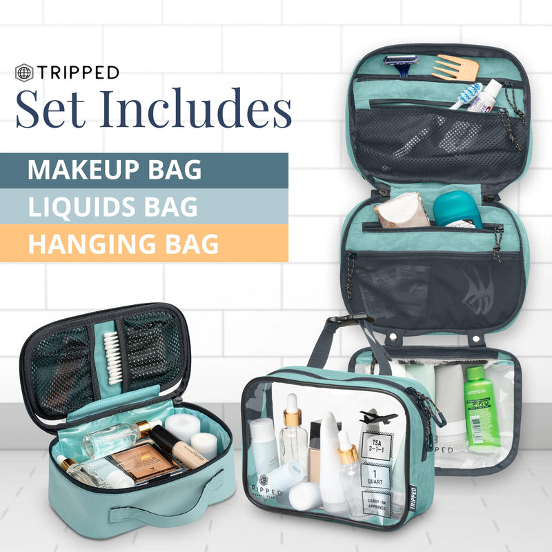TRIPPED Travel Gear 3-Piece Travel Toiletry Bag Set | Includes Hanging Toiletry Bag, 311 TSA Liquid Bag, and Accessory Organizer Pouch with Lightweight Ripstop Construction Dusty Teal Makeup