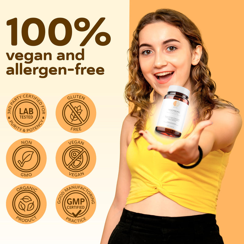 Nootropics Brain Supplement, Unique High Potency Cognitive Enhancer for Energy, Focus, Brain Function, Mental Alertness & Memory with Bacopa Monnieri, Ginkgo, Tyrosine, Theanine, Brain Vitamins