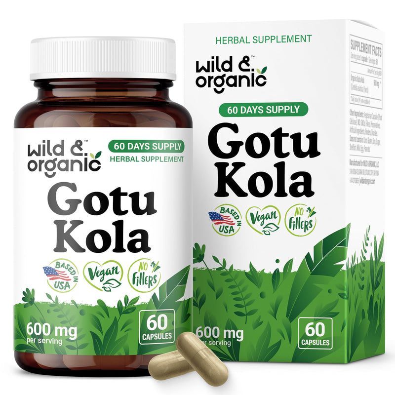 [Australia] - Wild & Organic Gotu Kola Capsules 600 mg - Brain & Focus Support - Gotu Kola Powder Supplement - Centella Asiatica Extract - 60 Days of Supply - Vegan, No Fillers, Non-GMO - 60 Count 