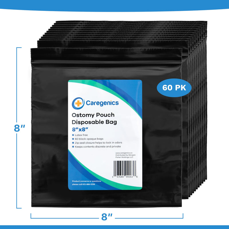 [Australia] - Ostomy Pouch Disposable Bags/Zip Seal Closure, Prevents and Locks in Odors, Mess-Free / 8"x8" by Caregenics (60 Count in a Bag) 8x8 