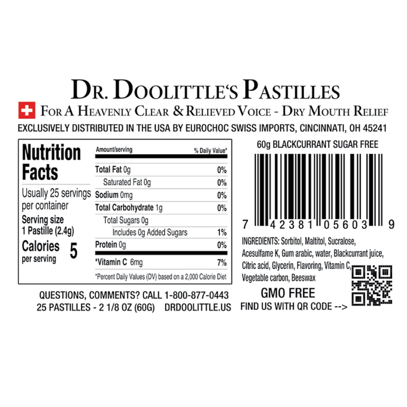 [Australia] - Dr. Doolittle‚Äôs Sugar Free Soft Fruit Pastilles for Voice and Throat, Blackcurrant Flavor, 2.12 Ounce Tin, approximately 25 Count Package Blackcurrant Sugar Free 25 Count (Pack of 1) 