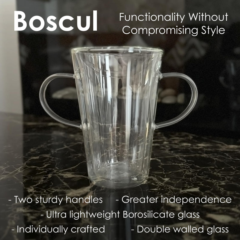 Two Handled Mugs Comes in 2 Pack, Borosilicate Double Wall Latte Glasses 400ml, Designed for Dignity, Weak Grip, Elderly, Arthritis, Disability, Alzheimers, Lightweight