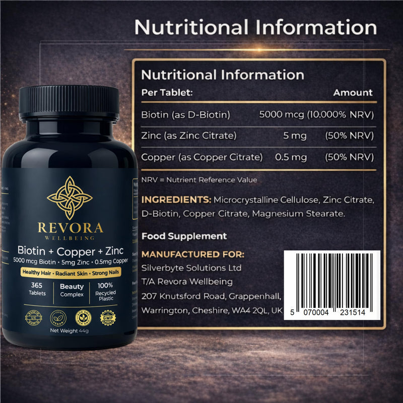 Biotin 5000mcg (Vitamin B7) with Zinc & Copper Tablets, 1 Year Supply, 365 Tablets, Hair Skin & Nails Support, High Strength Biotin Supplement, UK Made Vegan