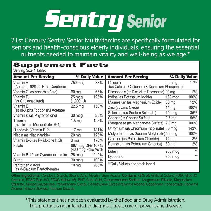 21st Century Sentry Senior Multivitamin, Adults 50+, 265 Tablets | Complete Daily Multivitamin & Multimineral, Compare VS. Centrum® SILVER Adults, Adults 50 Plus, Supports Heart, Eye 265 Count (Pack of 1)