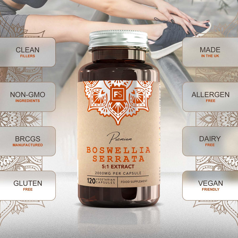 FS Boswellia Serrata Capsules | 120 Boswellia Serrata Extract High Strength Capsules - 2000mg per Serving | Frankincense Resin Supplement | Non-GMO, Gluten & Allergen Free | Made in The UK 120 count (Pack of 1)