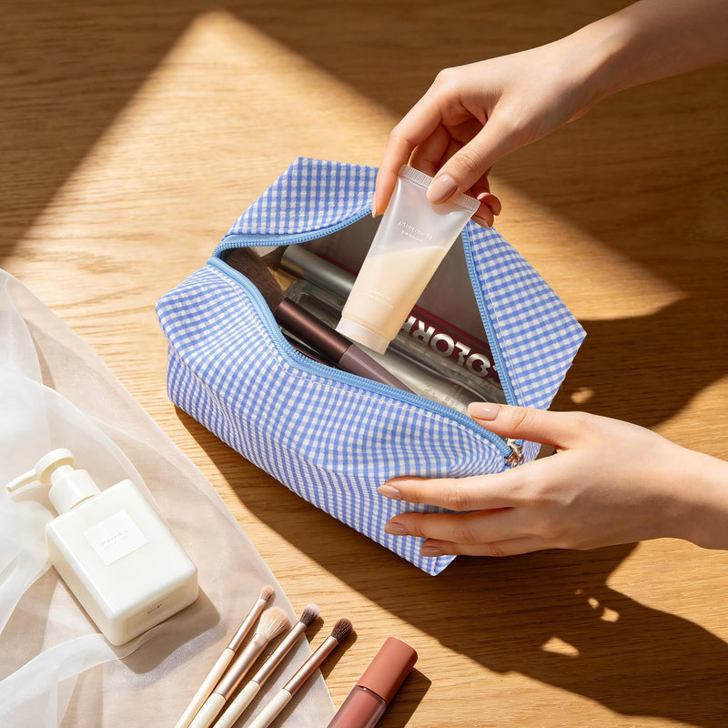 Makeup Bag Set for Women, 6PCS Travel Cosmetic Bags Pencil Case, Checkered Seersucker Toiletry Organizer Pouches, Cute Makeup Pouch for Purse, Accessories and Gifts, Blue Gingham 6