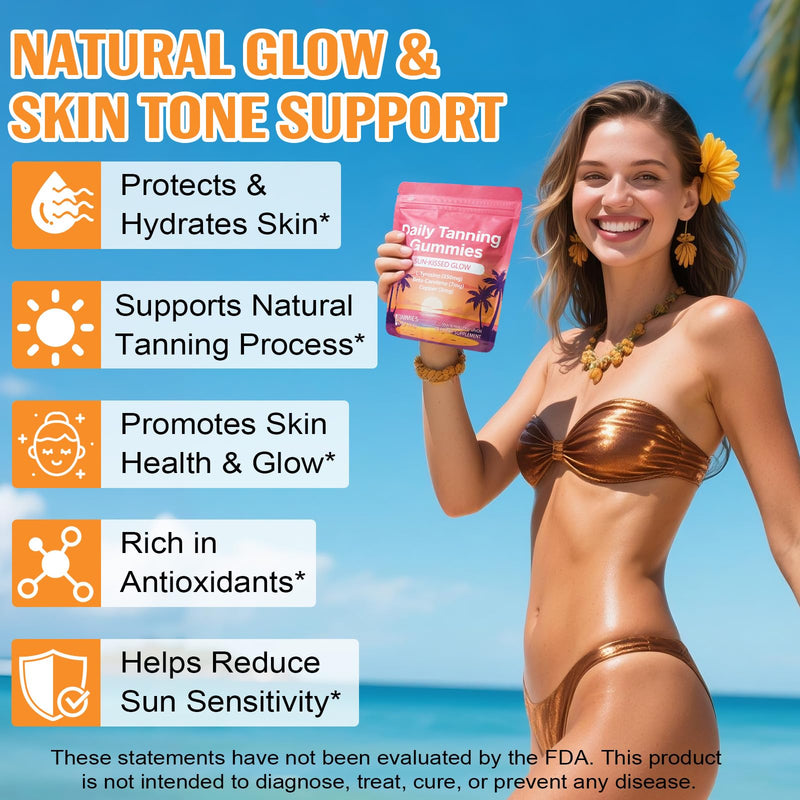 [Australia] - Daily Tanning Gummies - Enhance Natural Tan, Nourish & Protect Skin - with L-Tyrosine & Beta-Carotene - Sun-Free Glow - Watermelon Flavor, 60 Count 