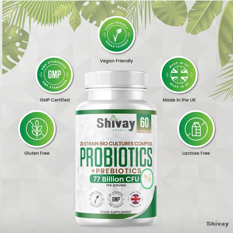 Probiotics & Prebiotic Bio Cultures Complex | 77 Billion CFU | 60 Vegan Capsules - 1 Month Supply | 20 Multi-Strain Gut-Friendly Live Bacteria Supplement | UK Made - Shivay Herbals