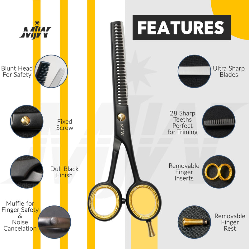 [Australia] - MJW Hair Thinning Scissors - Stainless Steel Hair Cutting Scissors, Professional Hairdressing Blending Scissors, Ideal Texturing and Layering Scissors for Men and Women (Black, Thinning) Black Thinning 