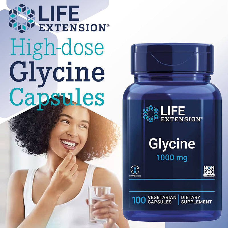 Life Extension, Glycine 1000mg, High-Dose, 100 Vegan Capsules, Laboratory Tested, Gluten-Free, Vegetarian, Soy-Free, Non-GMO, Amino Acid Nutrition, Glycine Supplement