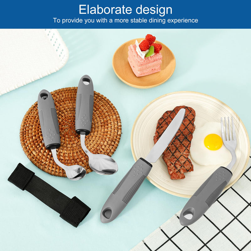 4-Piece Adaptive Utensils Set 42° Angled Disabled Cutlery for Adults, Parkinsons Eating Aid Stainless Steel Knife Fork Spoon with Easy Grip Handle for Hand Tremors Arthritis Elderly(Right-Hand) Right-hand