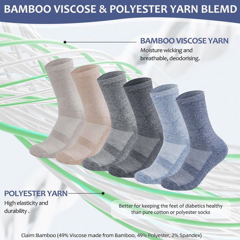 [Australia] - Diabetic Socks for Men Women-6 Pairs Non Binding Crew Diabetic Neuropathy Socks with seamless toe for size 6-9 9-12 Tan/Khaki/Navy/Pale Blue/Navy Blue/Offwhite Large 