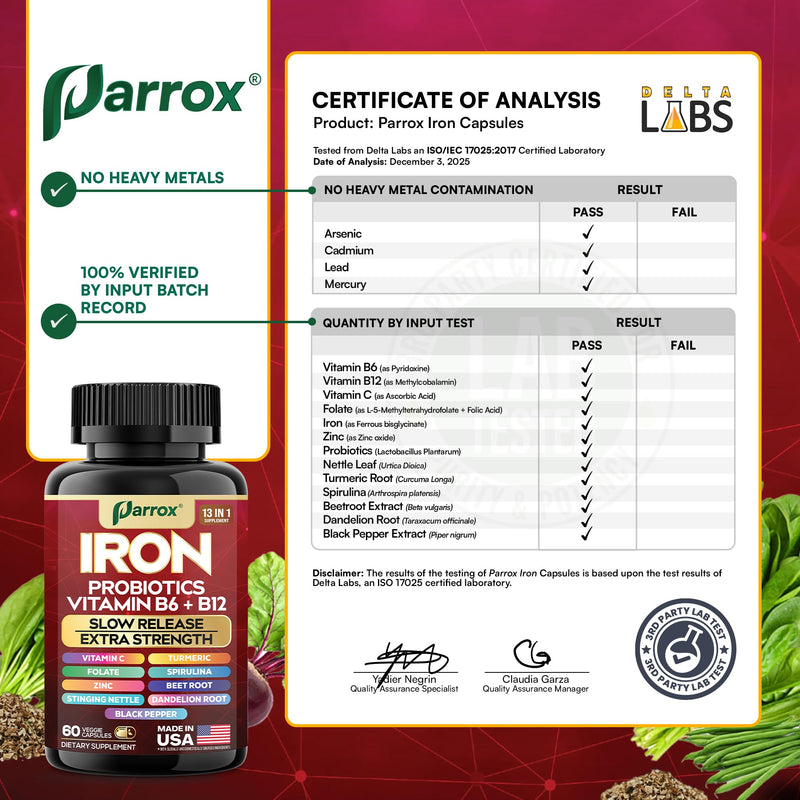 Iron Supplement, Slow Release with Probiotics, Spirulina, 60 Vegan Caps | With Probiotics, Spirulina, Turmeric, Vitamins B6, B12, C, Zinc, Folate, Beetroot, Nettle, Dandelion Root 60 Count (Pack of 1)