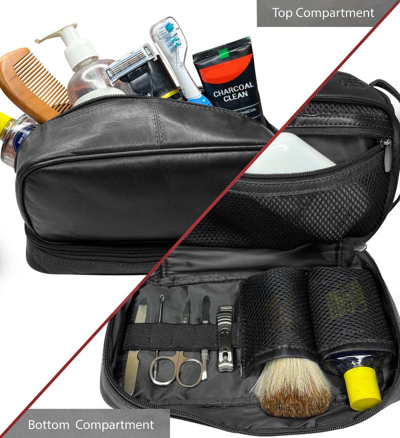 Leather Toiletry Bag for Men - Full Grain Travel Dopp Kit & Shaving Bag | Handcrafted, Dual Compartment, YKK Zipper, TSA Carry-On, Waterproof Lining, Metal Feets, Makeup & Cosmetic Organizer Black