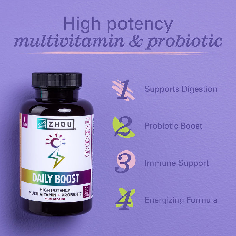 Zhou Daily Boost - Immune Support, Vitamin C - 30 Veggie Capsules | Probiotic Multivitamin for Women & Men, Antioxidant & Eye Health Supplement with Vitamin A, Biotin & Folate for Adults 30 Count (Pack of 1)