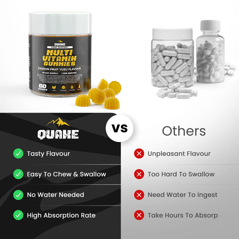 Quake Multivitamin Gummies – High Strength Vitamins A, C, D3, E, K2 & B Complex – Daily Energy, Immune & Bone Support – Vegan, Sugar Free – Passion Fruit Yuzu – 60 Gummies (60 Day Supply)