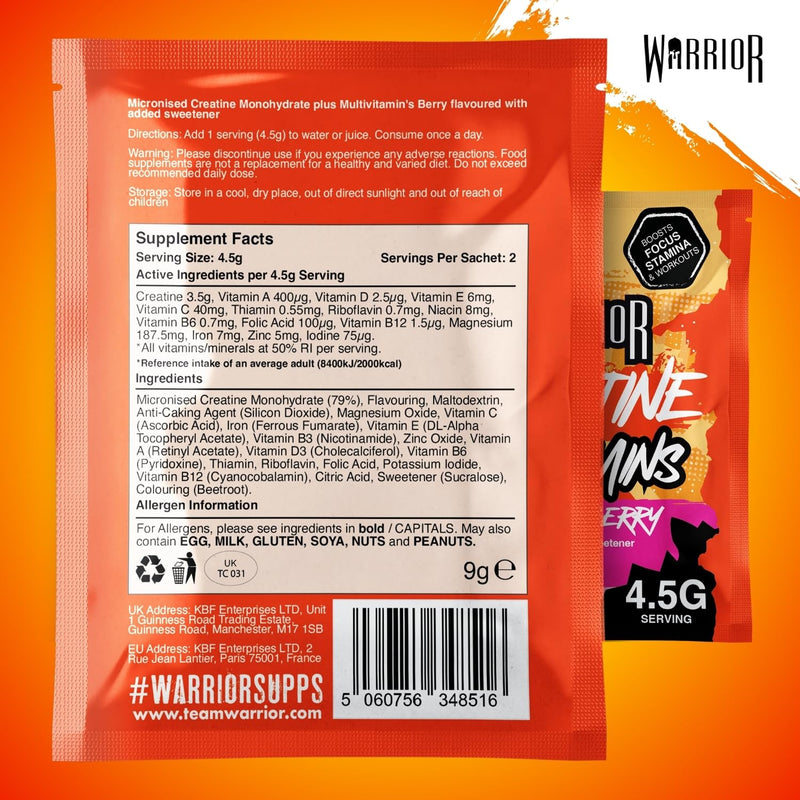 Warrior Creatine Plus Vitamins Sachets, Daily Wellness Drink Mix with 3.5g Creatine and Multivitamin Blend for Energy, Focus, Immunity and Vitality, Zero Sugar Mixed Berry, 15 Sachets