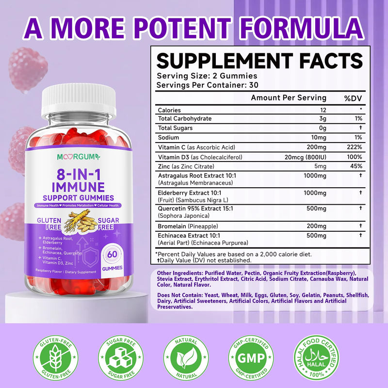 Immune Support Gummies – 8-in-1 Formula Herbal Supplements with Astragalus, Elderberry, Quercetin, Bromelain, Echinacea, Vitamin C, D3 and Zinc for Everyday Balance, Raspberry Flavor, 60 Count 60 Count (Pack of 1)