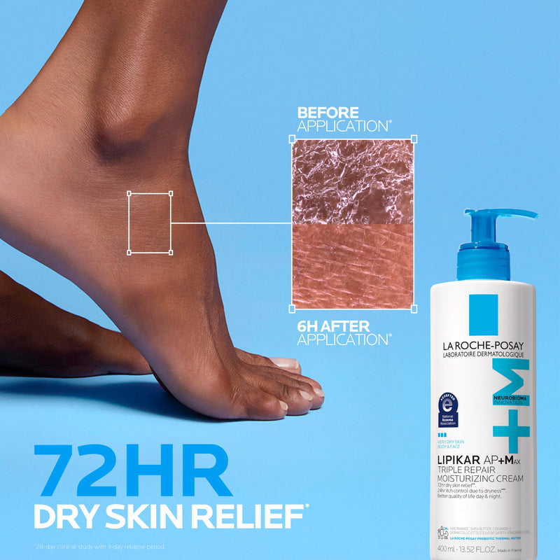 La Roche-Posay Lipikar AP+Max Triple Repair Moisturizing Body Cream,13.52oz | Face and body lotion for dry skin with shea butter and niacinamide to help moisturize and support the skin barrier.