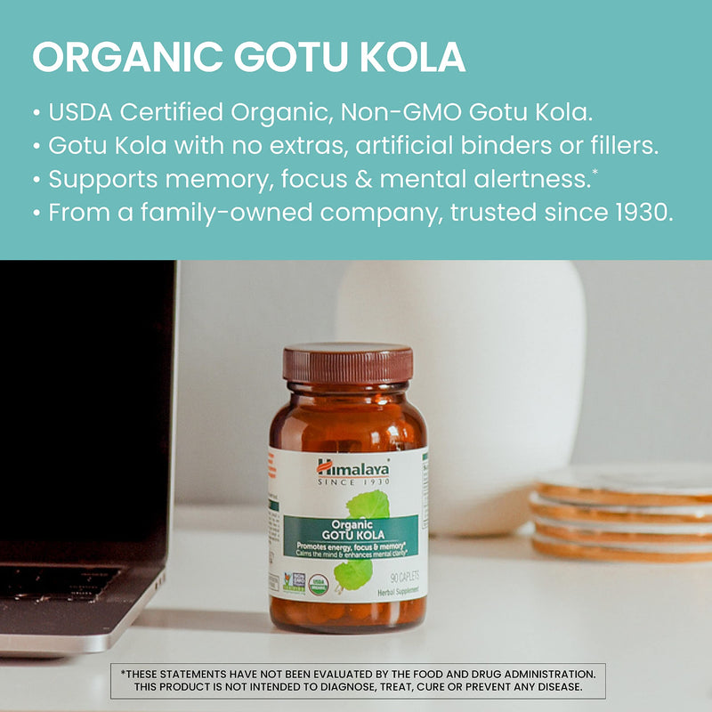 [Australia] - Himalaya Organic Gotu Kola, 45 Day Supply - Herbal Nootropic Supplement with Adaptogens for Energy, Focus, Memory, and Calming Relaxation - Vegan, Non-GMO, Gluten Free, 650 mg, 90 Caplets 