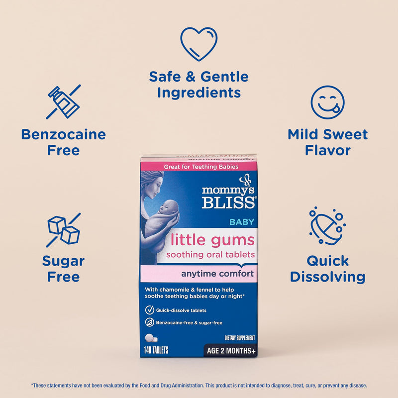 [Australia] - Mommy's Bliss Little Gums Soothing Oral Tablets, Great for Teething Babies, Benzocaine-Free & Sugar-Free, 2 Months+, 1 Bottle (140 Tablets) 