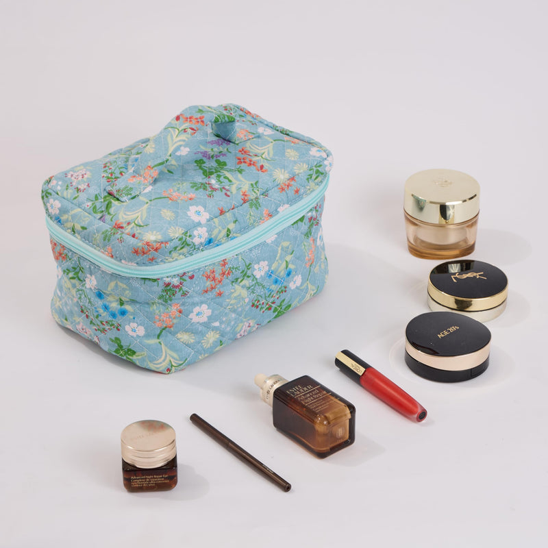 Wildflower Floral Quilted Cotton Cosmetic Zipper Pouch, Large Capacity Makeup Accessories Storage Bag for Women Girls, Aesthetic Coquette Travel Toiletry Organizer (Set of 3) Wildflower Floral