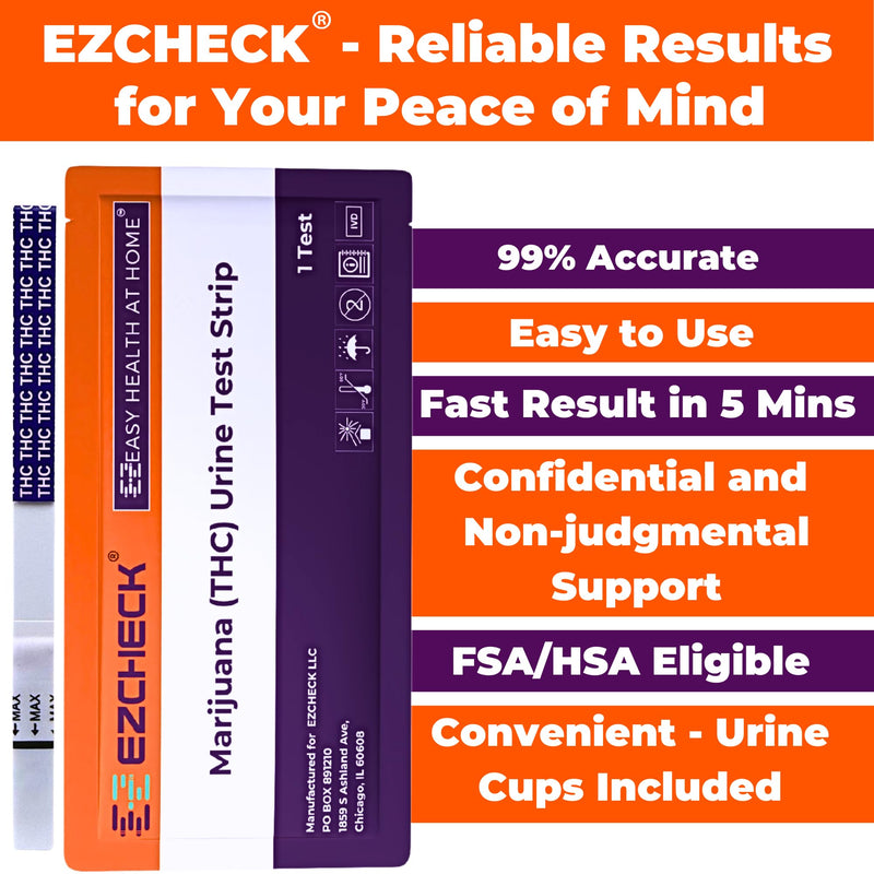 [50 Tests] EZCHECK® Highly Sensitive at Home Marijuana Drug Test Strip, THC Urine Drug Test, Easy Home Drug Test, 50 ng/ml - Fast Result in 5 mins - FSA/HSA Eligible