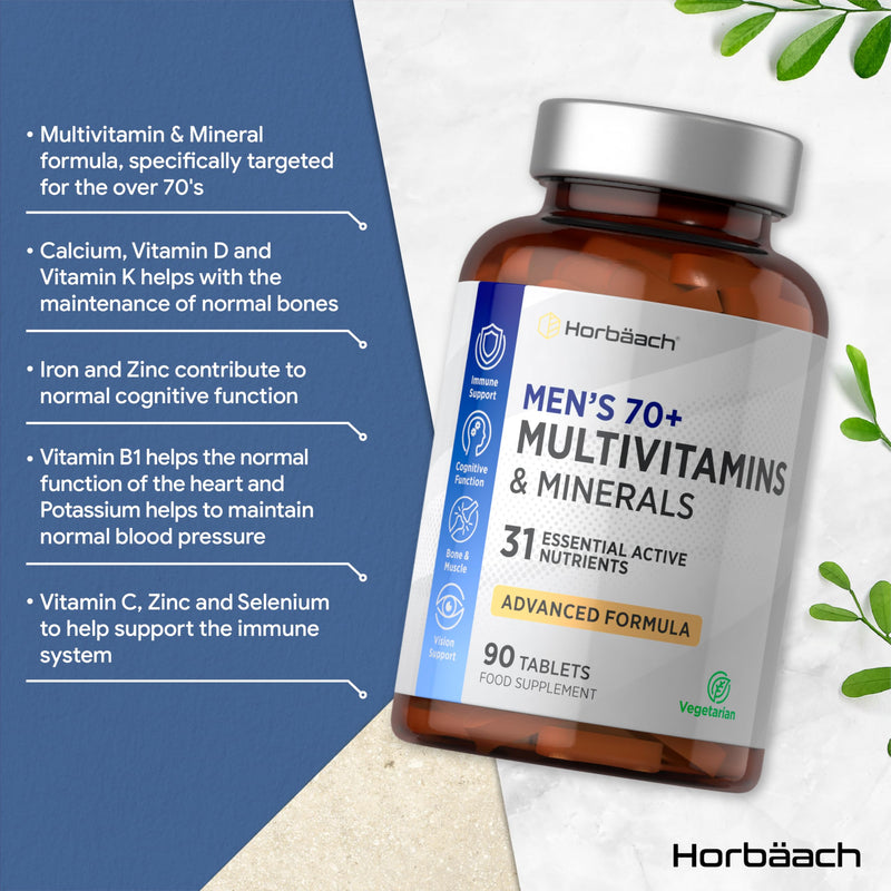 Multivitamin Tablets for Men 70 Plus | 90 Count | with 32 Essential Vitamin and Minerals for 70+ | Suitable for Vegetarians | By Horbaach