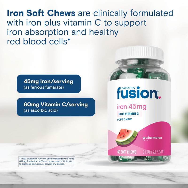[Australia] - Bariatric Fusion Iron Supplement for Women Anemia | Chewable Iron with Vitamin C | Watermelon Flavored Soft Chew | Gentle on Stomach Ferrous Fumarate for Women and Men | Gluten Free | 60 Count 