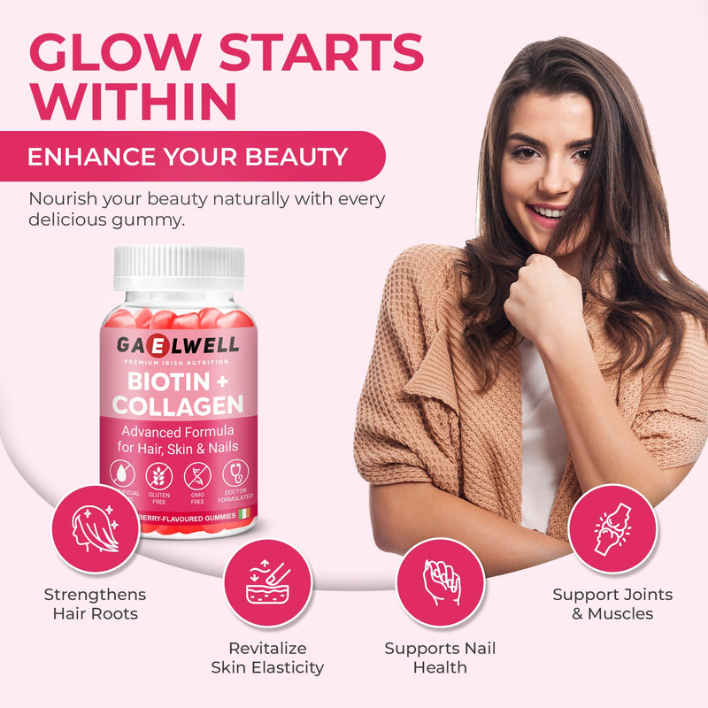Biotin + Collagen Gummies - High Strength 5000mcg Biotin, Marine Collagen, Vitamin C, Zinc - Hair Growth, Skin & Nail Support - Gluten-Free, Vegan-Friendly, Non-GMO, 60 Strawberry Gummies Gaelwell®