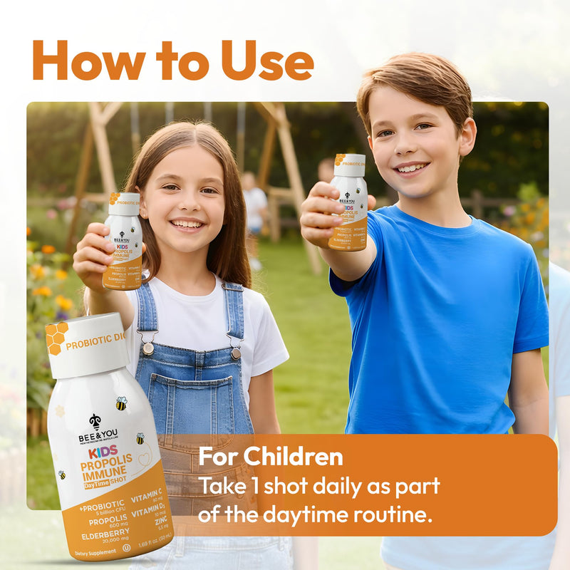 Bee and You Kids Propolis Immune Day Time Shot - Probiotic, Vitamin C, Vitamin D3, Zinc, Immune Support, Gut Health, Digestive Health, 1.69 Fl. oz, 12 Pack Elderberry