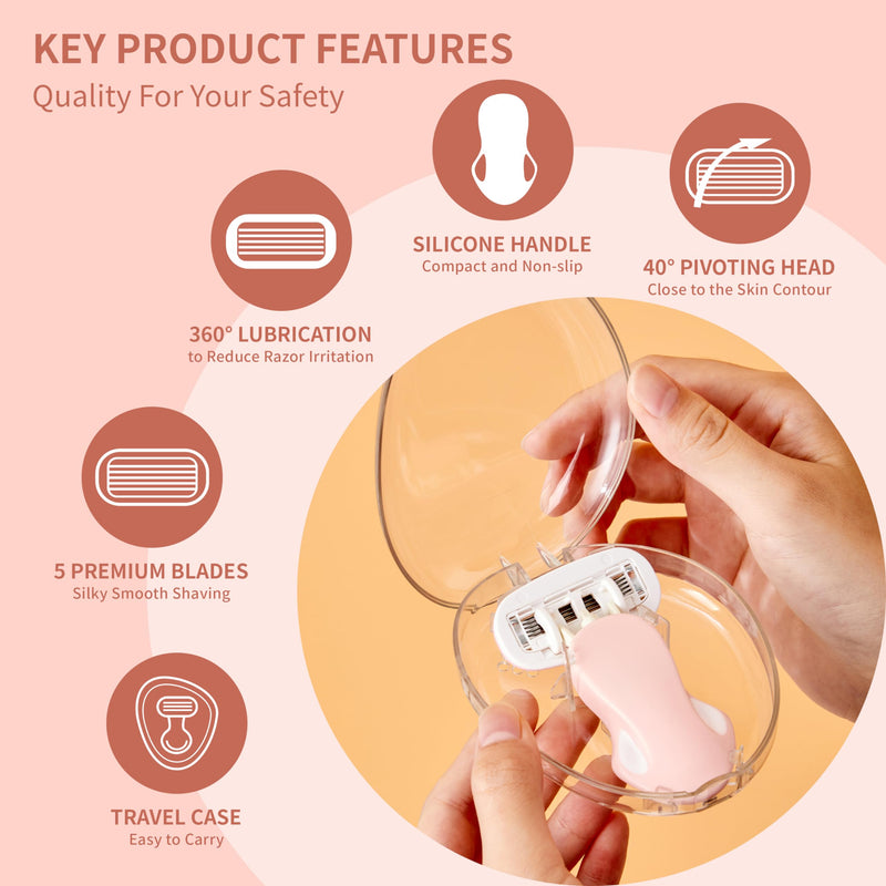 [Australia] - Mini Razors for Women, Extra Smooth On The Go Razor with 1 Travel Case + 1 Handle + 5 Blade Refills + 1 Gift Box, 5 Blades Portable Body Razor for Shaving and Hair Removal (Pink) 