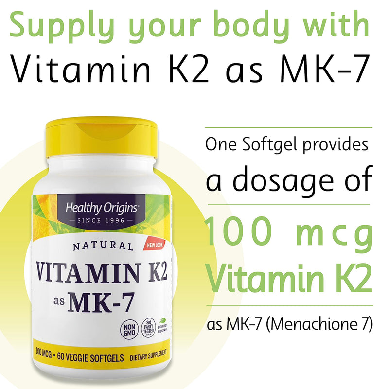 Healthy Origins, Vitamin K2 as MK-7, 100 mcg, 60 Vegetarian Softgels, High Strength, Gluten Free, SOYA Free, Non-GMO 60 Capsules