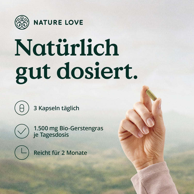 [Australia] - NATURE LOVE® Organic Barley Grass - 1500 mg per daily dose - from German cultivation - 180 capsules - High dosage, laboratory tested, certified organic, produced in Germany 