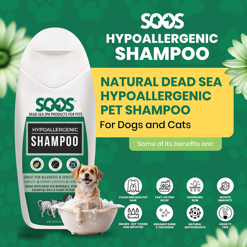 Soos Pet Shampoo Hypoaller-genic Cat and Dog Shampoo Natural Dead Sea Minerals Fast Absorbing Soothes Skin Irritation with Vitamins Essential Oils - 1 Pack (250ml) - PawsPlanet Australia