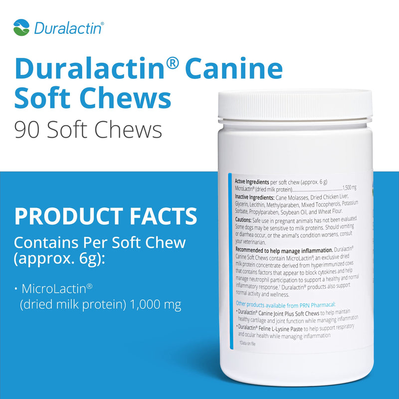 PRN Pharmacal Duralactin Canine Soft Chews - Joint Health Supplement for Dogs & Puppies to Help Reduce Chronic Soreness - Canine Chews Containing Dried Milk Protein - Chicken-Liver Flavor - 90 Chews - PawsPlanet Australia
