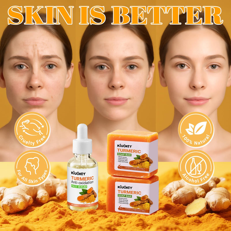 3PCS Turmeric Soap & Serum Set - Turmeric Face Serum + 2 Turmeric Soap Bars with Vitamin C & E - Deep Cleanses Pores, Reduces Acne, Controls Oil, Soothes Skin - Hydrating Facial Kit for All Skins Turmeric+3Pcs