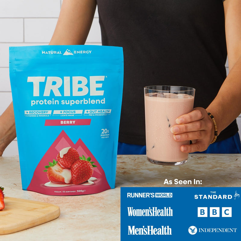 TRIBE Vegan Protein Superblend | 500g | 20g Protein | Recovery, Focus and Digestion | Plant-Based Nutrition Shake | Lion's Mane, Ashwagandha & Magnesium | Berry Flavour