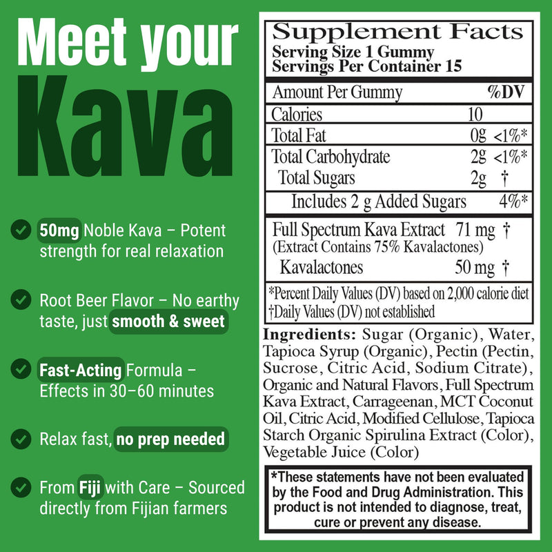 [Australia] - Kava Kava Gummies 50mg ‚Äì Strong Noble Kava with 50mg Kavalactones for Calm & Relaxation ‚Äì Alcohol-Free ‚Äì Fast-Acting Fiji Kava Root Extract ‚Äì Root Beer Flavor ‚Äì 15 Count 