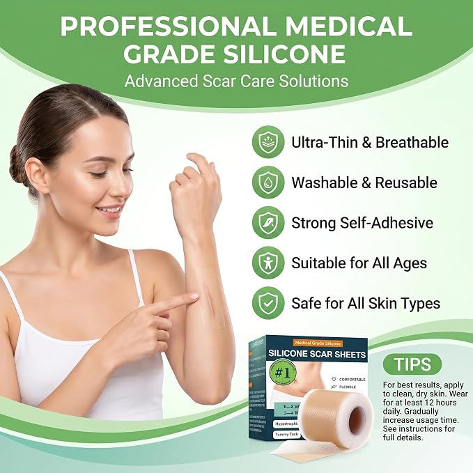 Silicone Scar Sheets, Silicone Scar Tape (1.6"x 60" Roll-1.5M), Reusable and Effective Scar Removal Sheets, Silicone Scar Removal Sheets for Surgical Scars, Healing Keloid, C-Section, Tummy Tuck