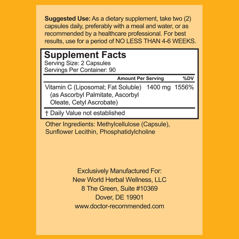 Liposomal Vitamin C 1400mg Per Serving - 180 Veggie Capsules High Absorption Ascorbic Acid, Lypo-Spheric Vitamin C Complex Immune Support Supplement with Powerful Antioxidants and Collagen Booster 180 Count (Pack of 1)