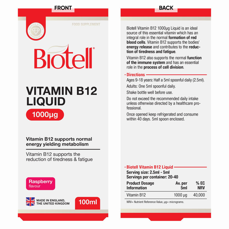Vitamin B12 Liquid 1000µg – High Strength B12 Supplement – Supports Reduction of Tiredness and Fatigue – Energy and Immune System – Vegan and Vegetarian Friendly – Raspberry Flavour – 100ml