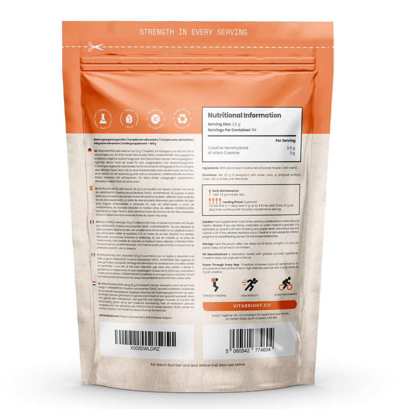 Creatine Monohydrate Powder Micronised | 400g Pouch | 114 Servings | 200 Mesh Easy Dissolving Pure Powder