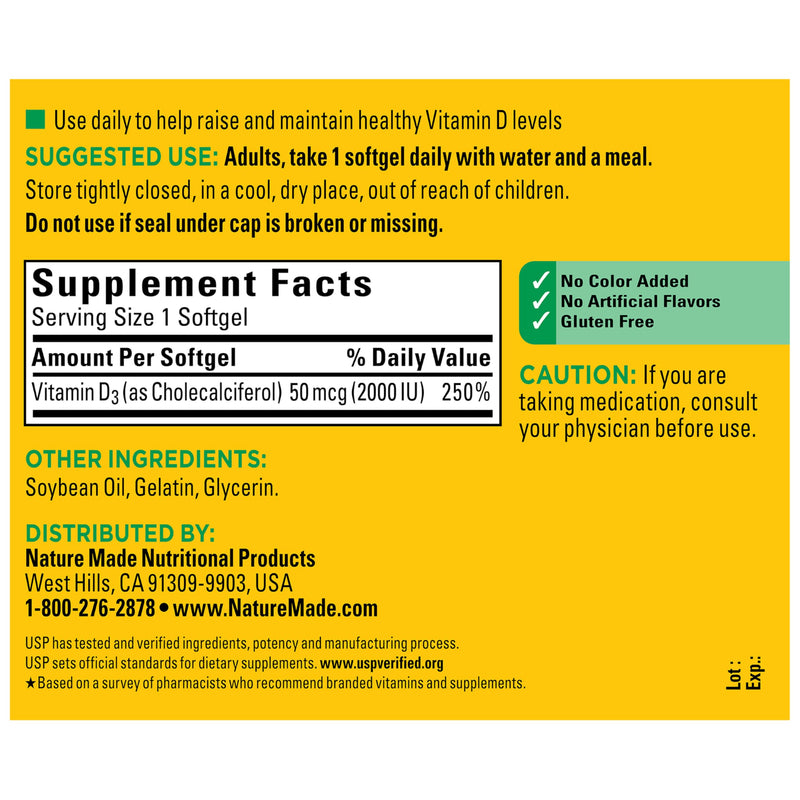 Nature Made Vitamin D3 2000 IU (50 mcg), 250 Vitamin D Softgels | Vitamin D Supplement for Immune, Bone, Teeth and Muscle Health Support, 250 Day Supply 250 Count (Pack of 1)