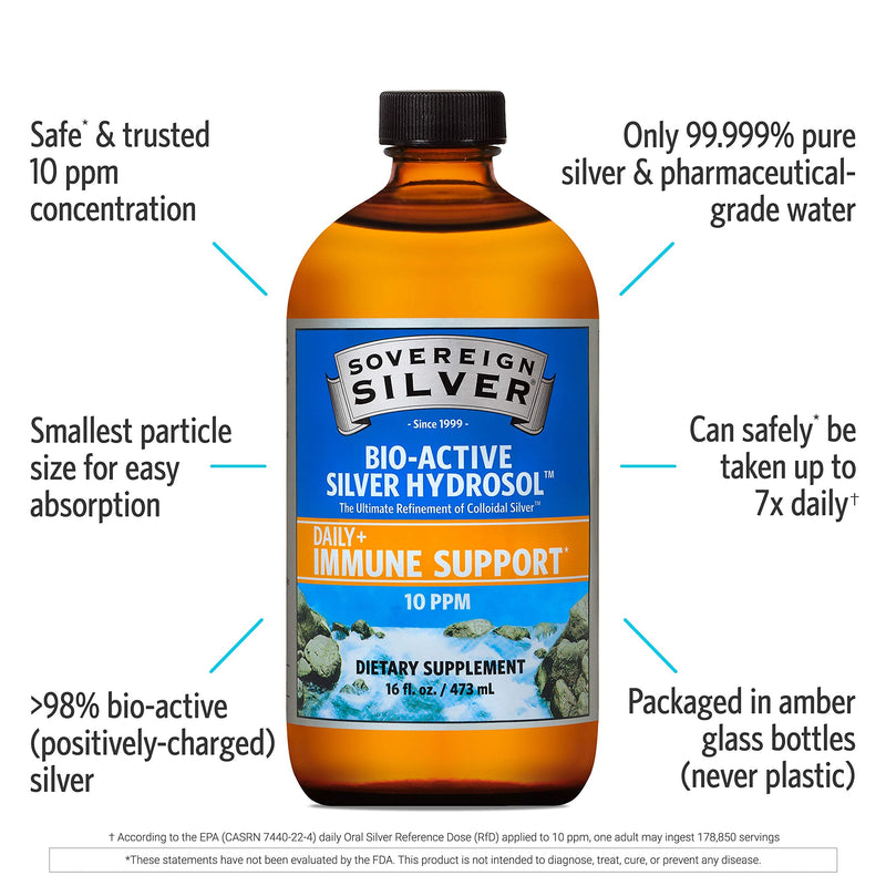 [Australia] - Sovereign Silver Bio-Active Silver Hydrosol for Immune Support - Colloidal Silver Liquid -10 ppm, 16oz (473mL) - Value Size Unflavored 16 Fl Oz (Pack of 1) 