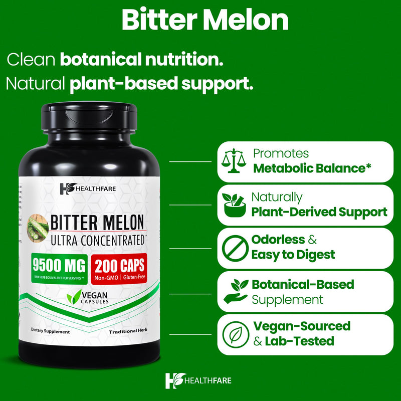 [Australia] - Bitter Melon Capsules Extract 9500mg | 200 Vegan Pills | Standardized Extra Strength Herbal Supplement | Non-GMO, Gluten-Free | Made in USA 200 Count (Pack of 1) 